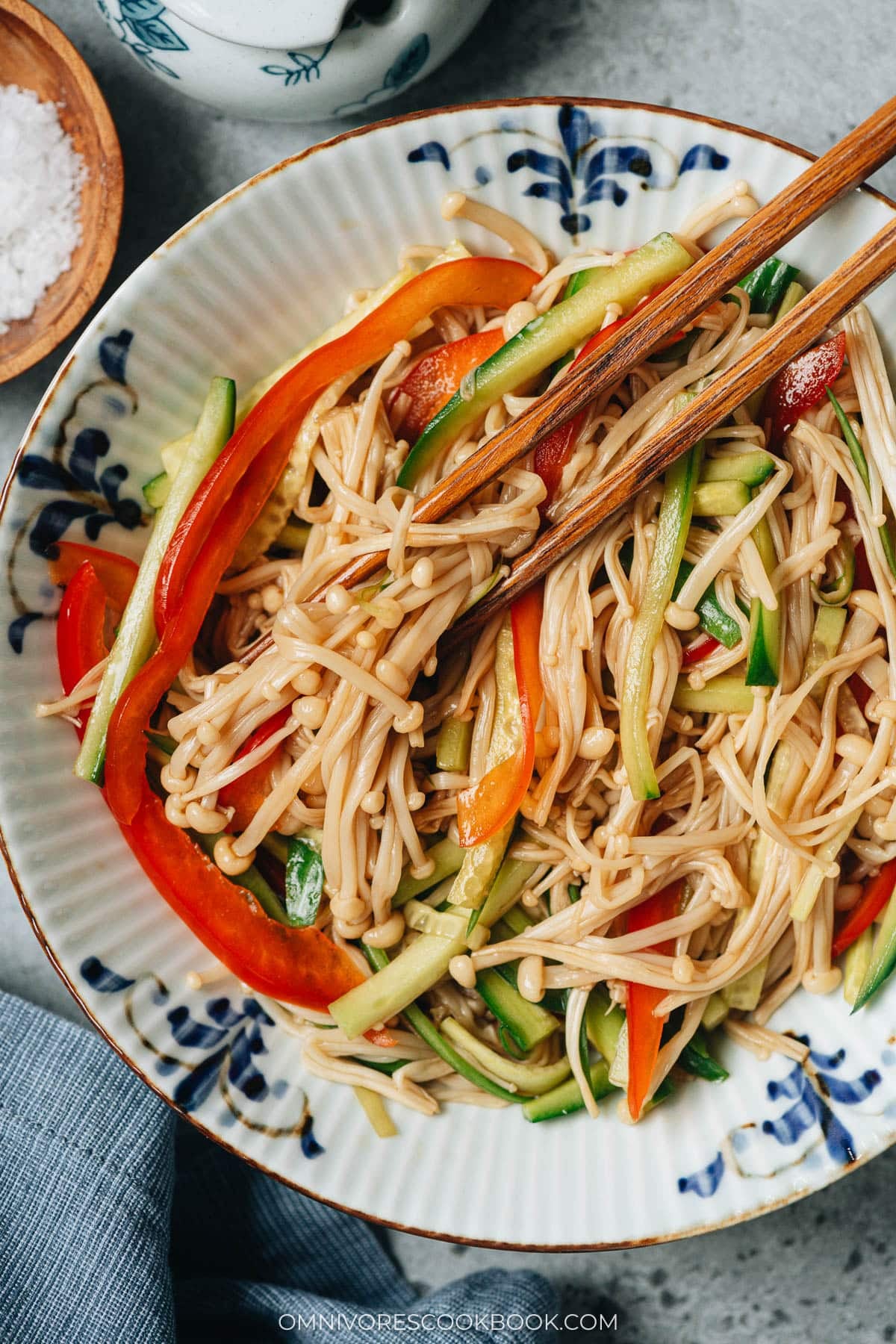Chinese enoki mushroom salad close up